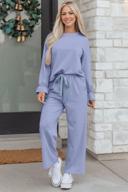 image-Beau Blue Flounce Long Sleeve Top Drawstring Pants Contrast Velvet Bow Knot 2pcs Lounge Set
