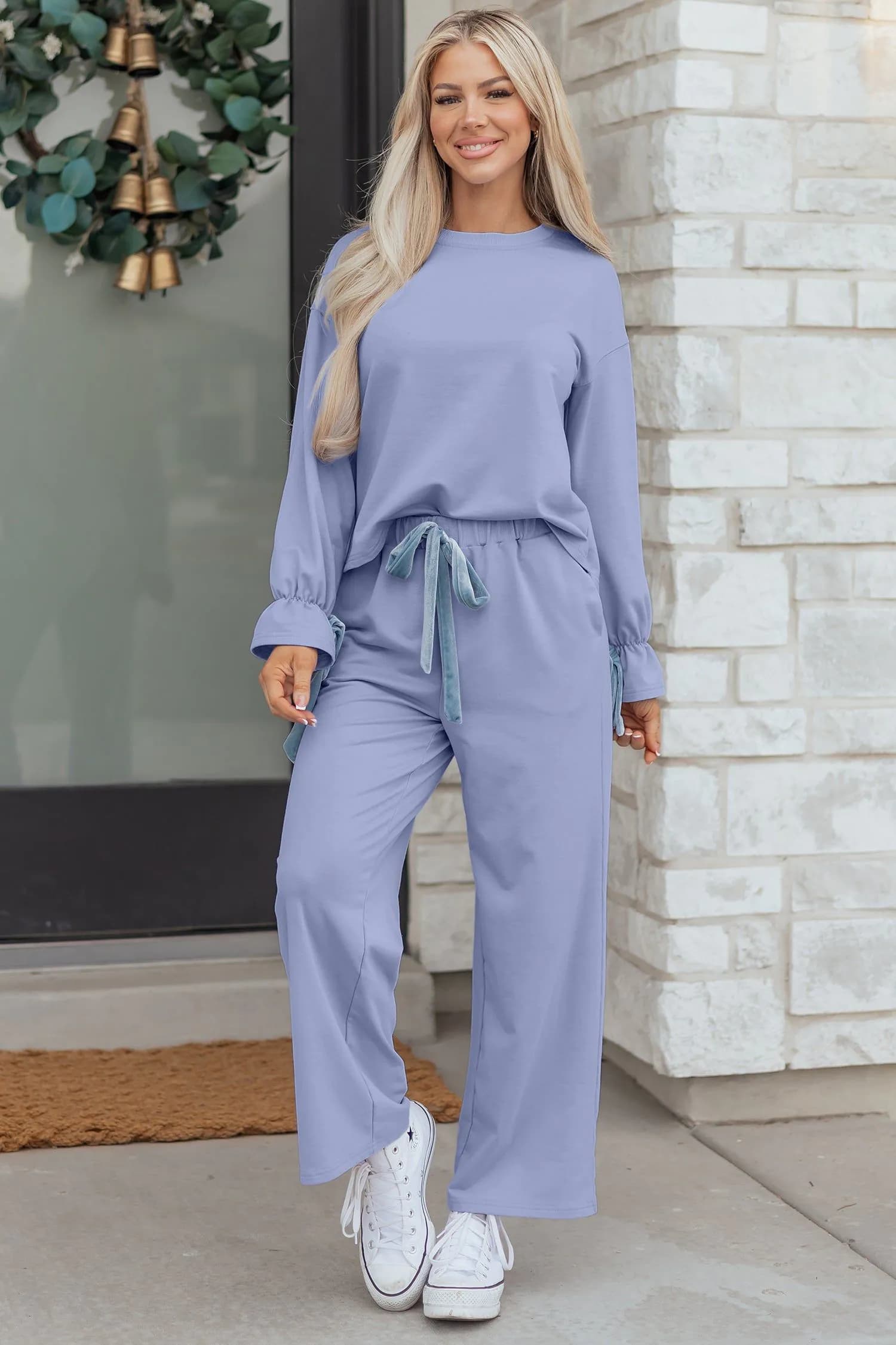 image-Beau Blue Flounce Long Sleeve Top Drawstring Pants Contrast Velvet Bow Knot 2pcs Lounge Set
