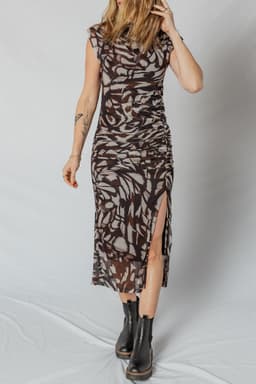image-Brown Abstract Print Mesh Midi Dress - Cowl Neck
