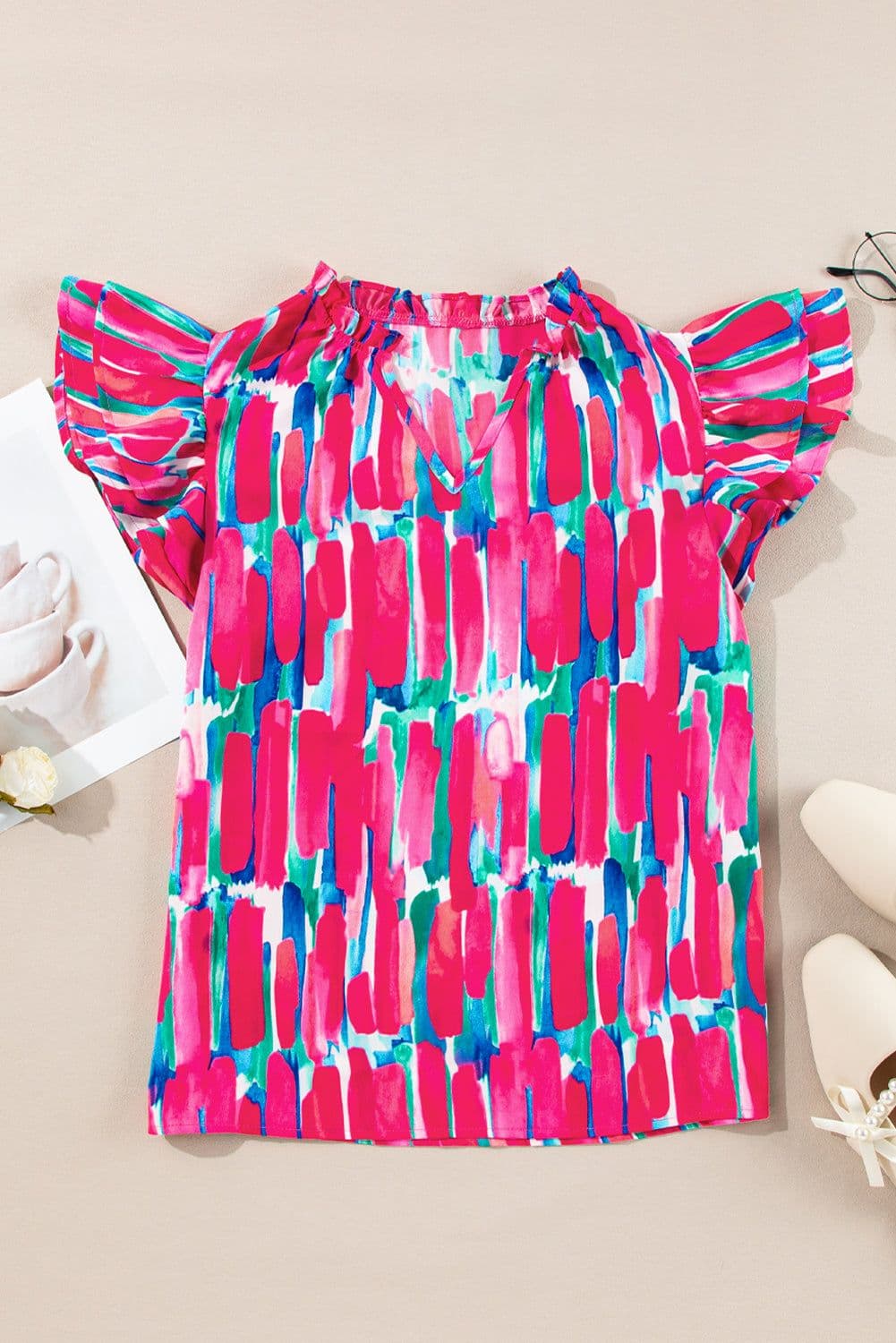image-Rose Abstract Brush Print Ruffled Sleeve V Neck Blouse