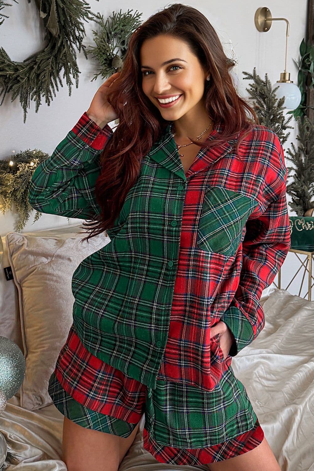 image-Green Plaid Contrast Patched Christmas Holiday Long Sleeve Shirt and Short 2pcs Pajama Set