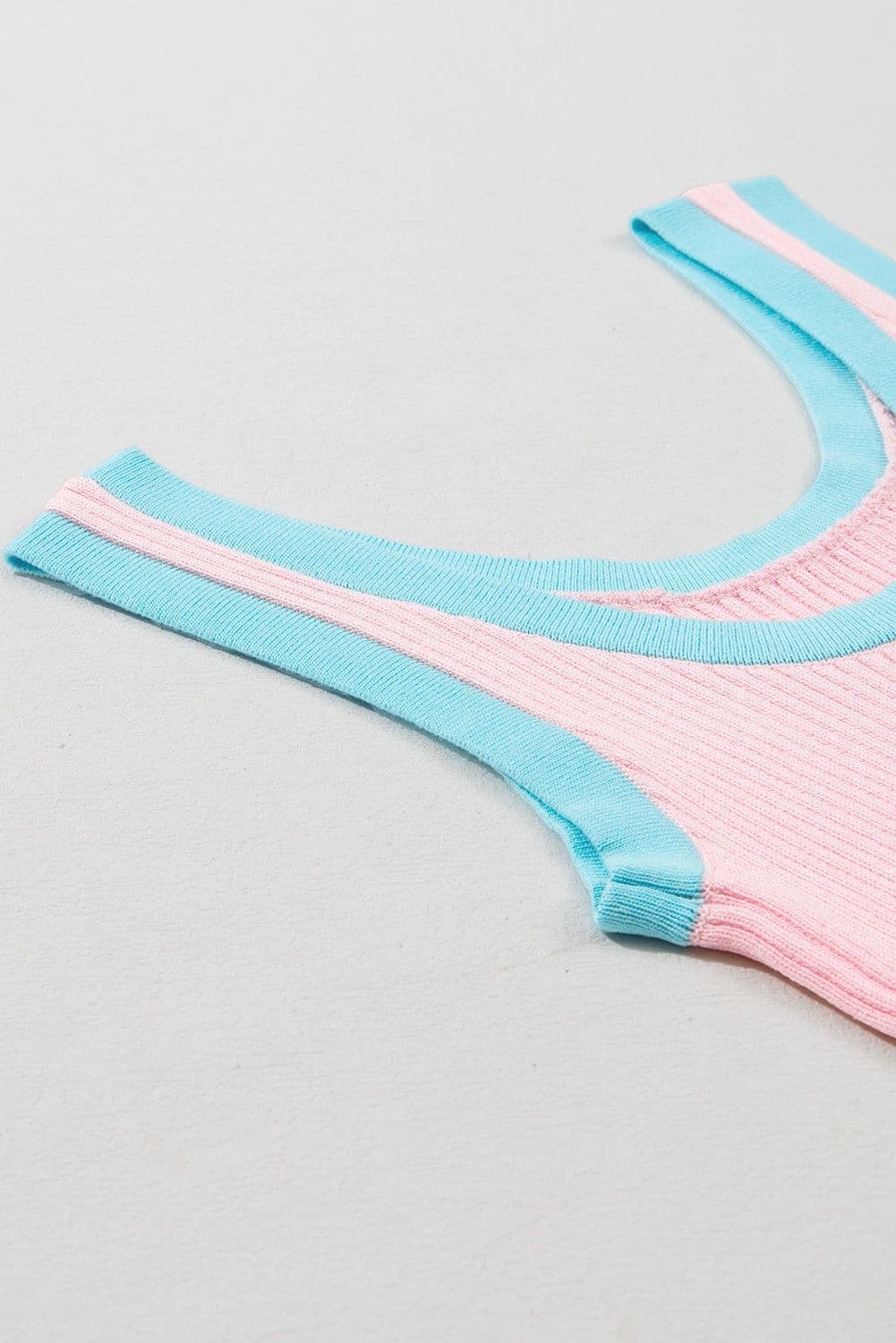image-Pink Colorblock Edge Ribbed Knit U Neck Tank Top