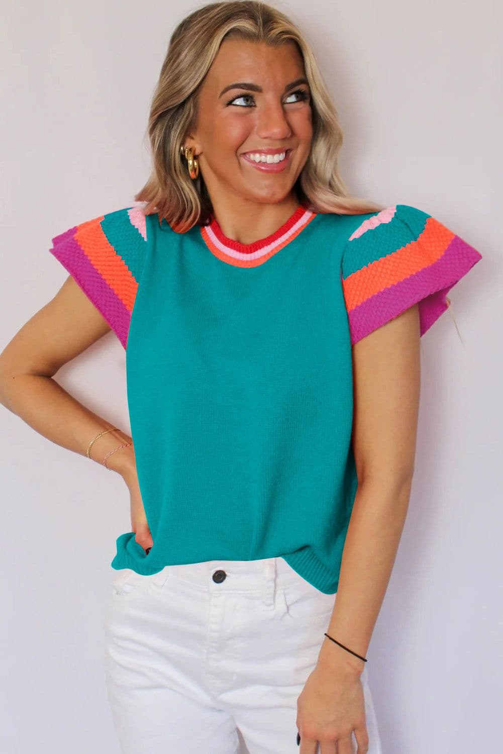 image-Turquoise Flutter Sleeve Knit Sweater