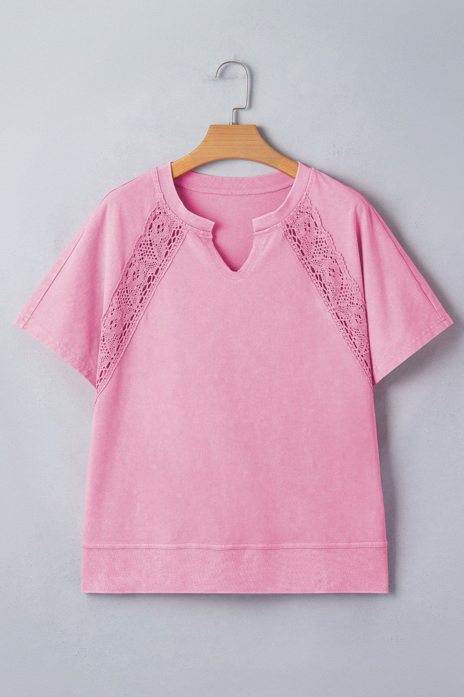 image-Pink Mineral Wash Lace Patchwork Tee