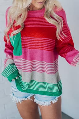 image-Striped Knit Patch Pocket Sweater - Drop Shoulder Design, Comfortable & Trendy