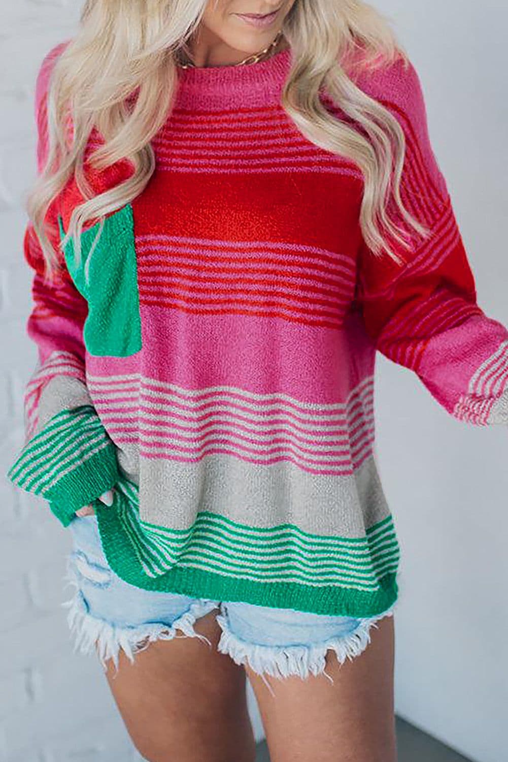 image-Striped Knit Patch Pocket Sweater - Drop Shoulder Design, Comfortable & Trendy