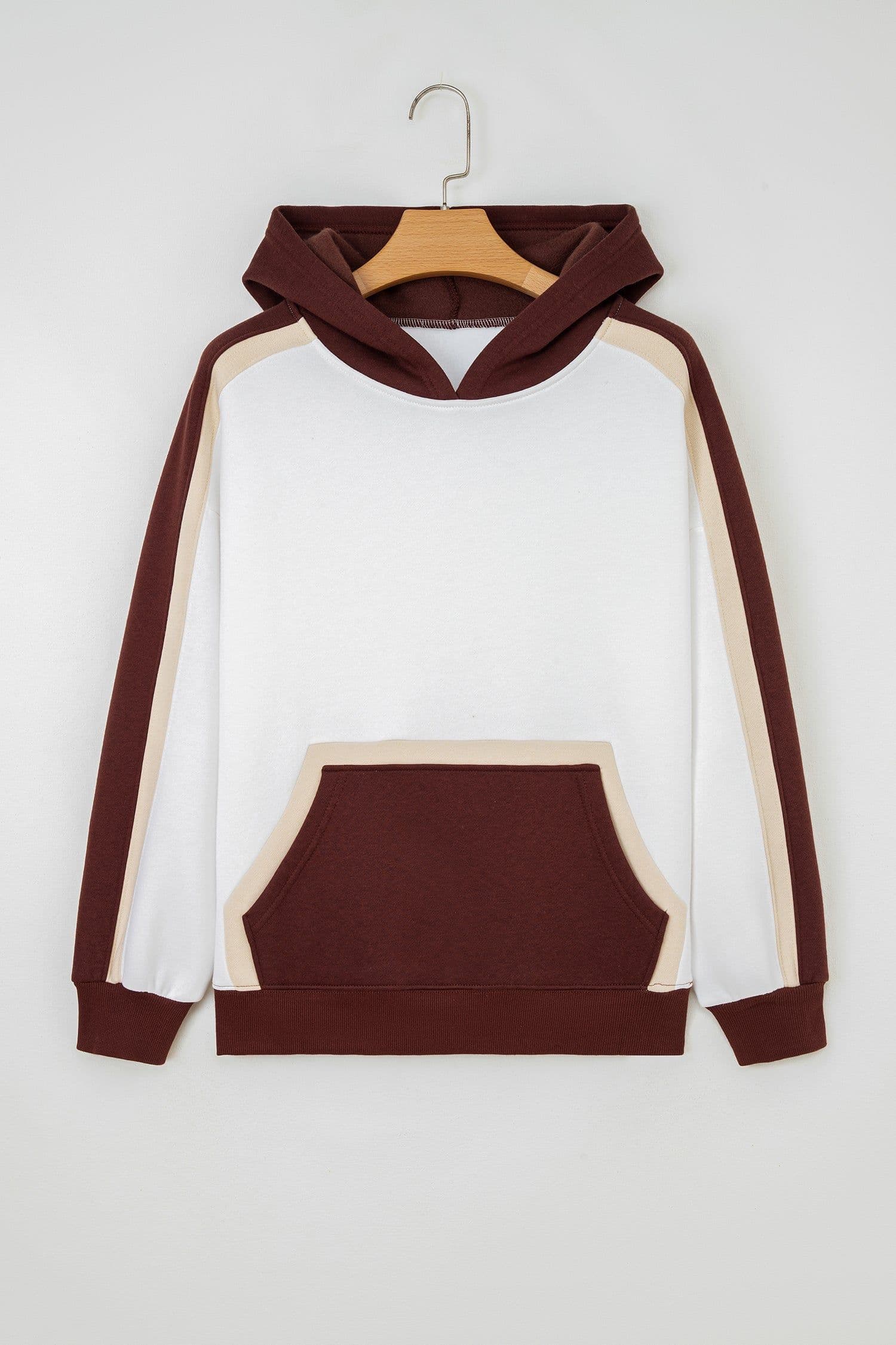 image-Coffee Color Block Patchwork Athleisure Hooded Sweatshirt