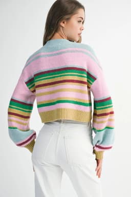 image-Multicolour Striped Knit Ribbed Trim Boxy Fit Cropped Sweater