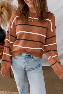 image-Pink Stripe Ribbed Edge Drop Shoulder Sweater