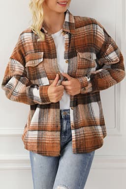 image-Shacket with Pink/Black Plaid Flap Pockets - Chic Style, Loose Fit (65 characters)