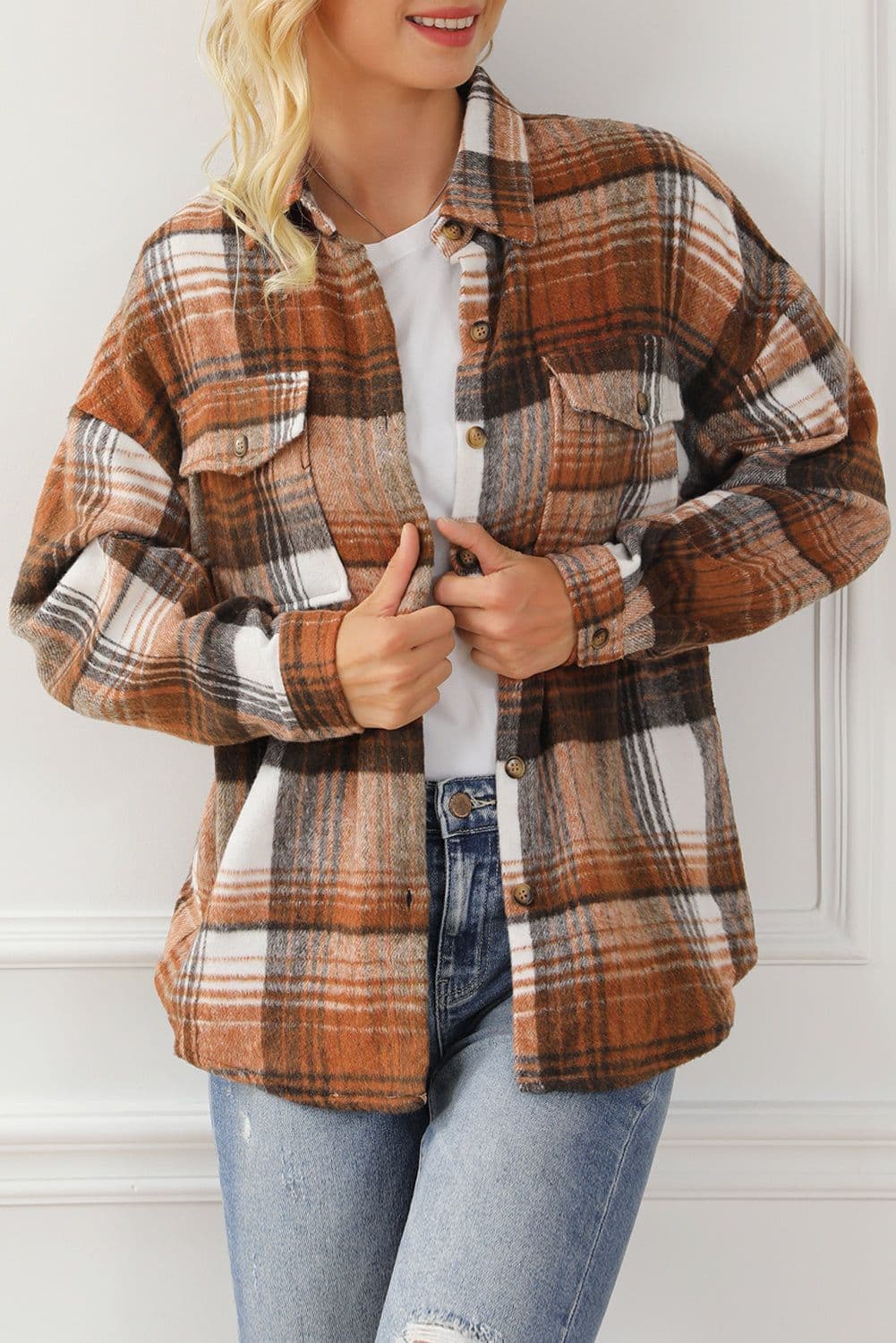 image-Shacket with Pink/Black Plaid Flap Pockets - Chic Style, Loose Fit (65 characters)