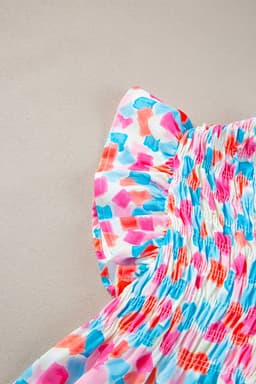 image-Sky Blue Abstract Printed Ruffled Blouse - Shirred Yoke Design
