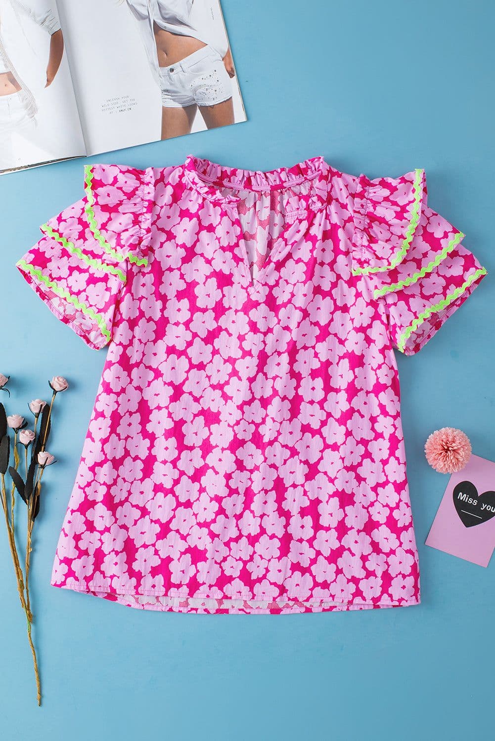 image-Pink Floral Ruffle Sleeve Blouse - Layered Contrast Ric Rac