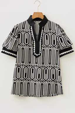 image-Black Geometric Print Contrast Scallop Color Block Patchwork Short Sleeve Blouse