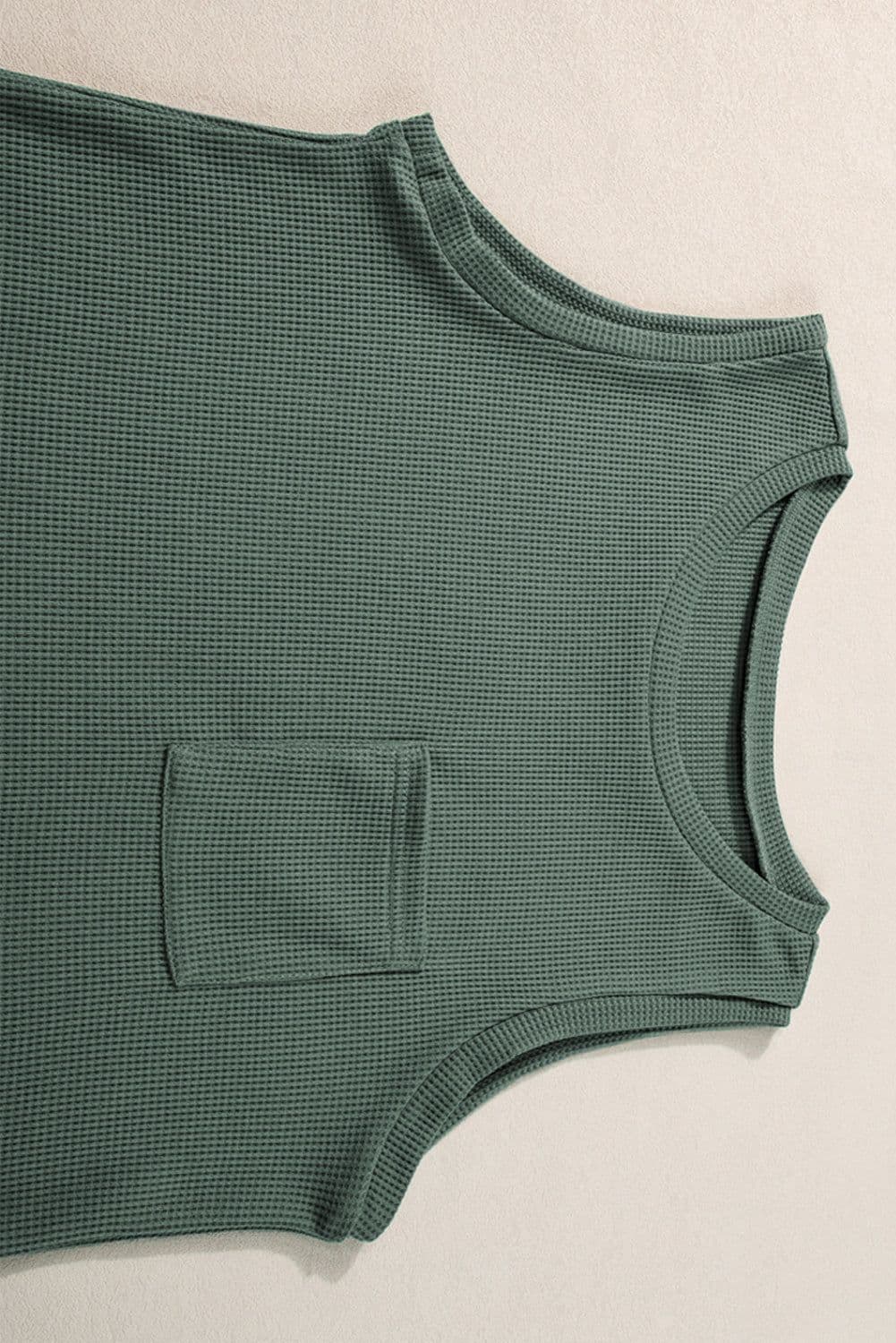 image-Mist Green Waffle Knit Tank & Shorts Set with Patched Pockets & Drawstring