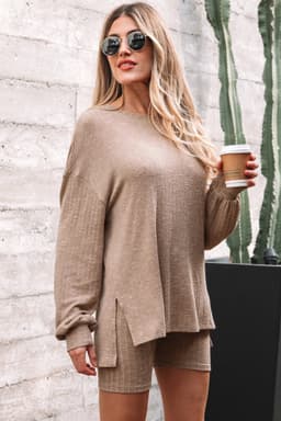 image-Dark Khaki Ribbed Balloon Sleeve Pullover Top and Biker Knitted Short Set