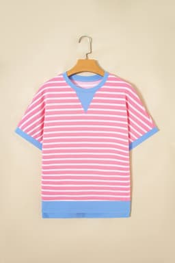 image-Sky Blue Stripe Top - Loose Short Sleeve Contrast Trim - Sizes Available