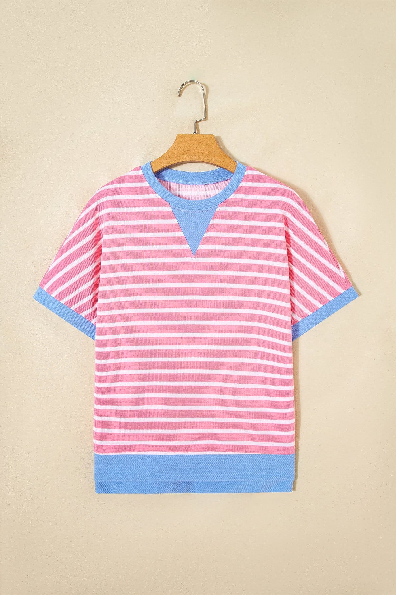 image-Sky Blue Stripe Top - Loose Short Sleeve Contrast Trim - Sizes Available