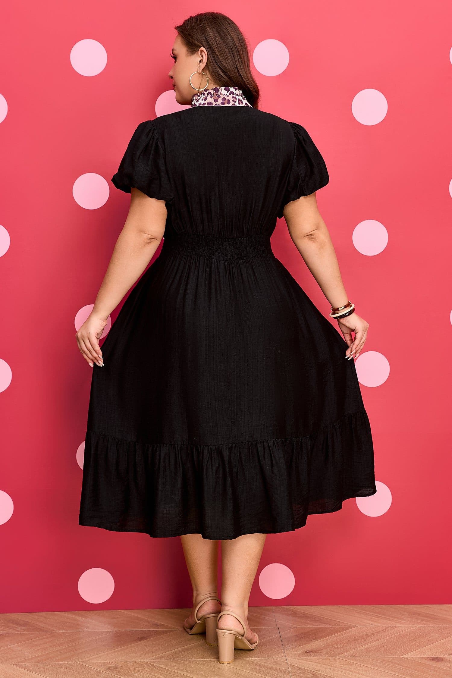 image-Black Leopard V Neck Patchwork Smocked Waist Plus Size Ruffled Dress