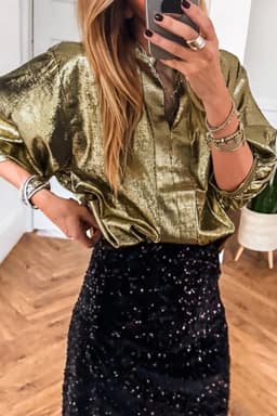image-Gold Metallic Split Neck Half Sleeve Blouse