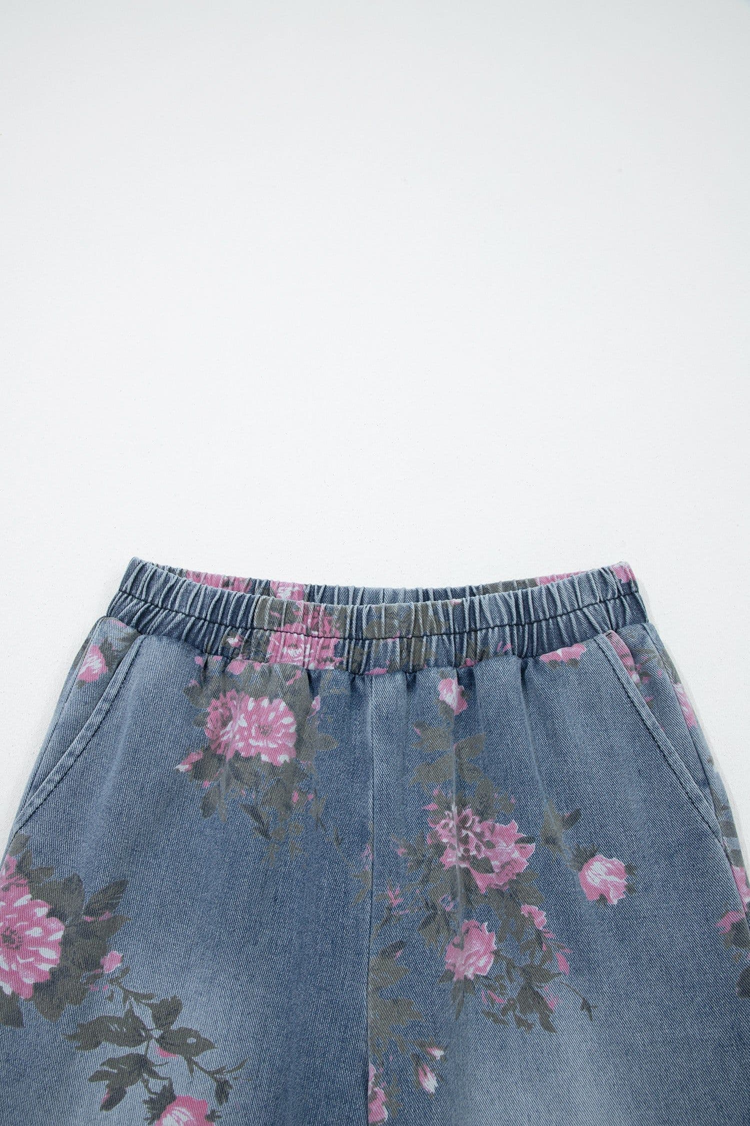 image-Blue Floral Print Elastic Waist Casual Jeans (50 characters)