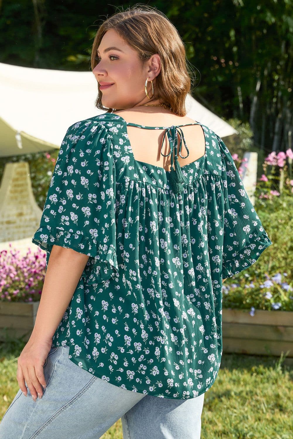 image-Plus Size Floral Print Blouse - Green Ruffled Square Neck