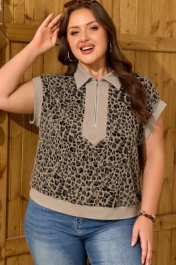 image-Beige Leopard Ribbed Plus Top