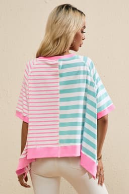 image-Pink Stripe Contrast Patchwork Oversized T-Shirt