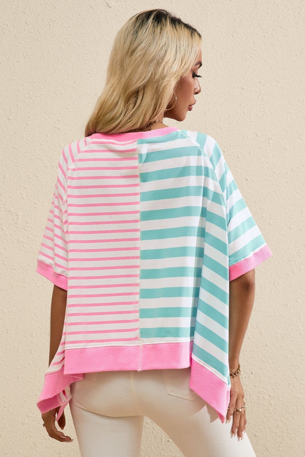 image-Pink Stripe Contrast Patchwork Oversized T-Shirt