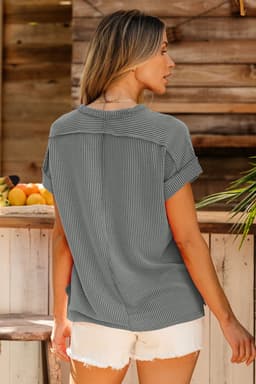 image-Medium Grey Textured Knit T-shirt with Exposed Stitching