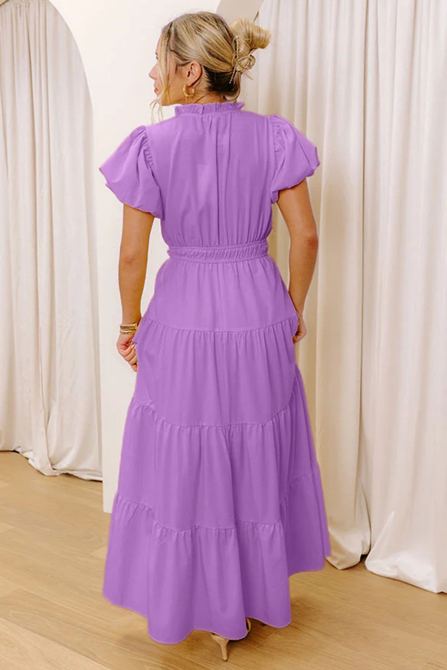 image-Bright Green V Neck Puff Sleeve High Waist Tiered Maxi