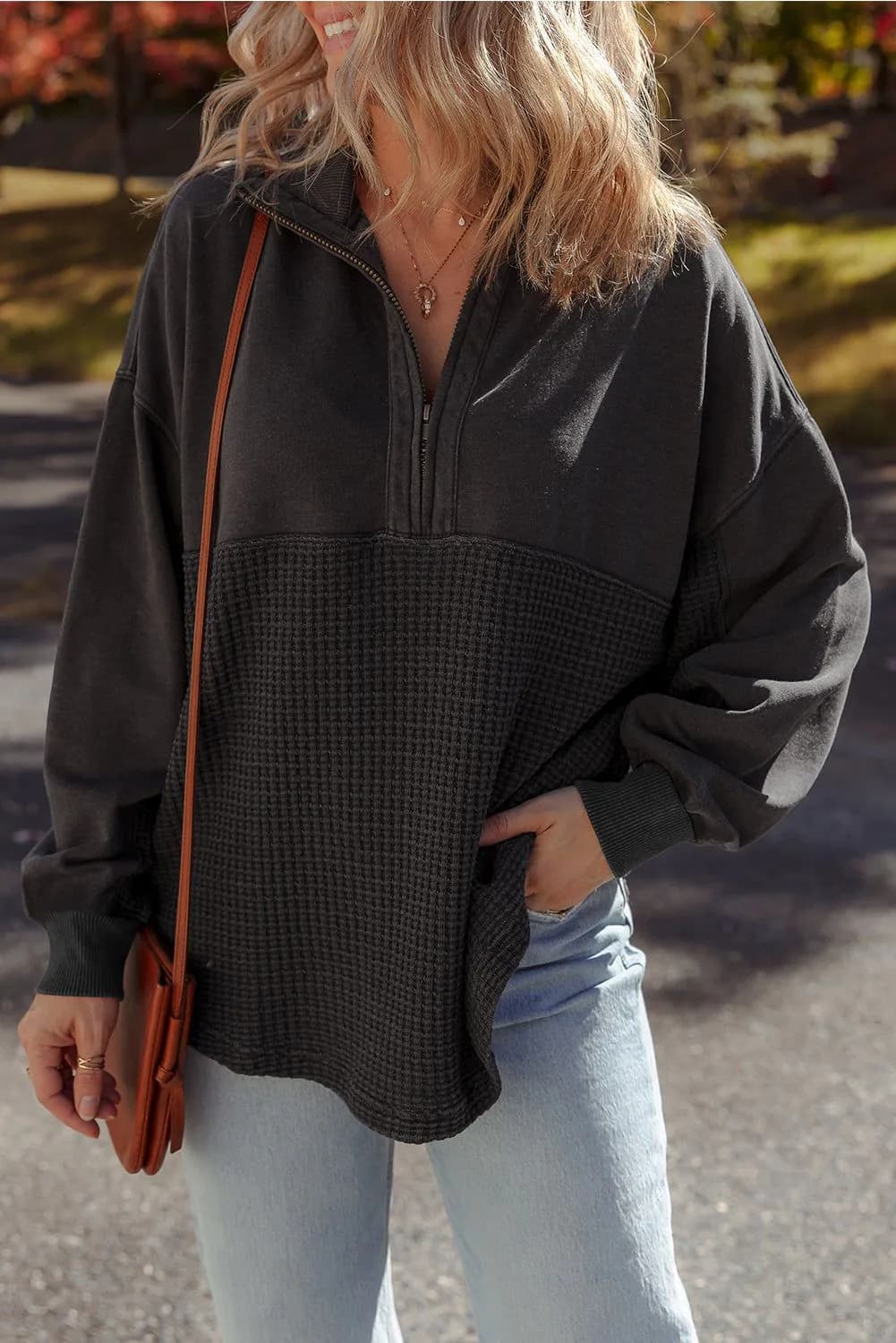image-Carbon Grey Waffle Knit Half Zip Sweatshirt