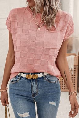 image-Pink Lattice Textured Knit Short Sleeve Sweater - Sizes S-3XL