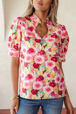 image-Pink Floral Blouse - Frilled V Neck Puff Sleeve
