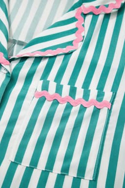 image-Green Stripe Contrast Ricrac Trim Long Sleeve Shirt Drawstring Ruffled Pajama Short Set