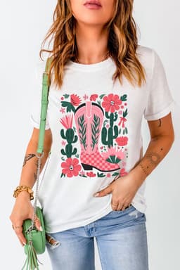 image-White Western Boots Flower Print Round Neck T Shirt
