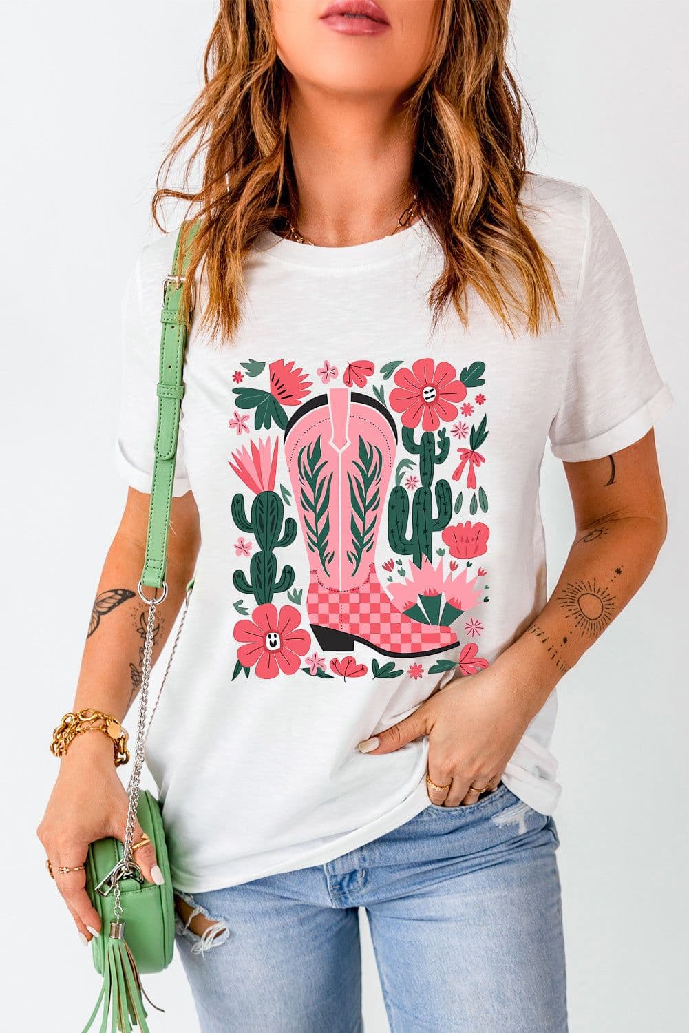 image-White Western Boots Flower Print Round Neck T Shirt