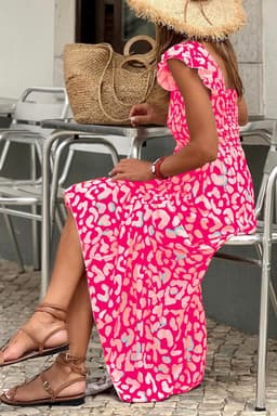 image-Pink Leopard Ruffle Straps Smocked High Waist Long Dress