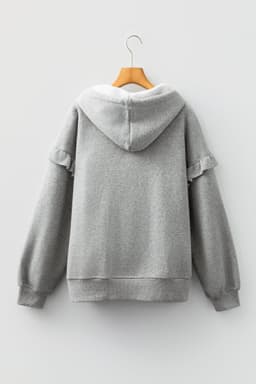 image-Gray Contrast Rope Drawstring Ruffle Trim Hoodie