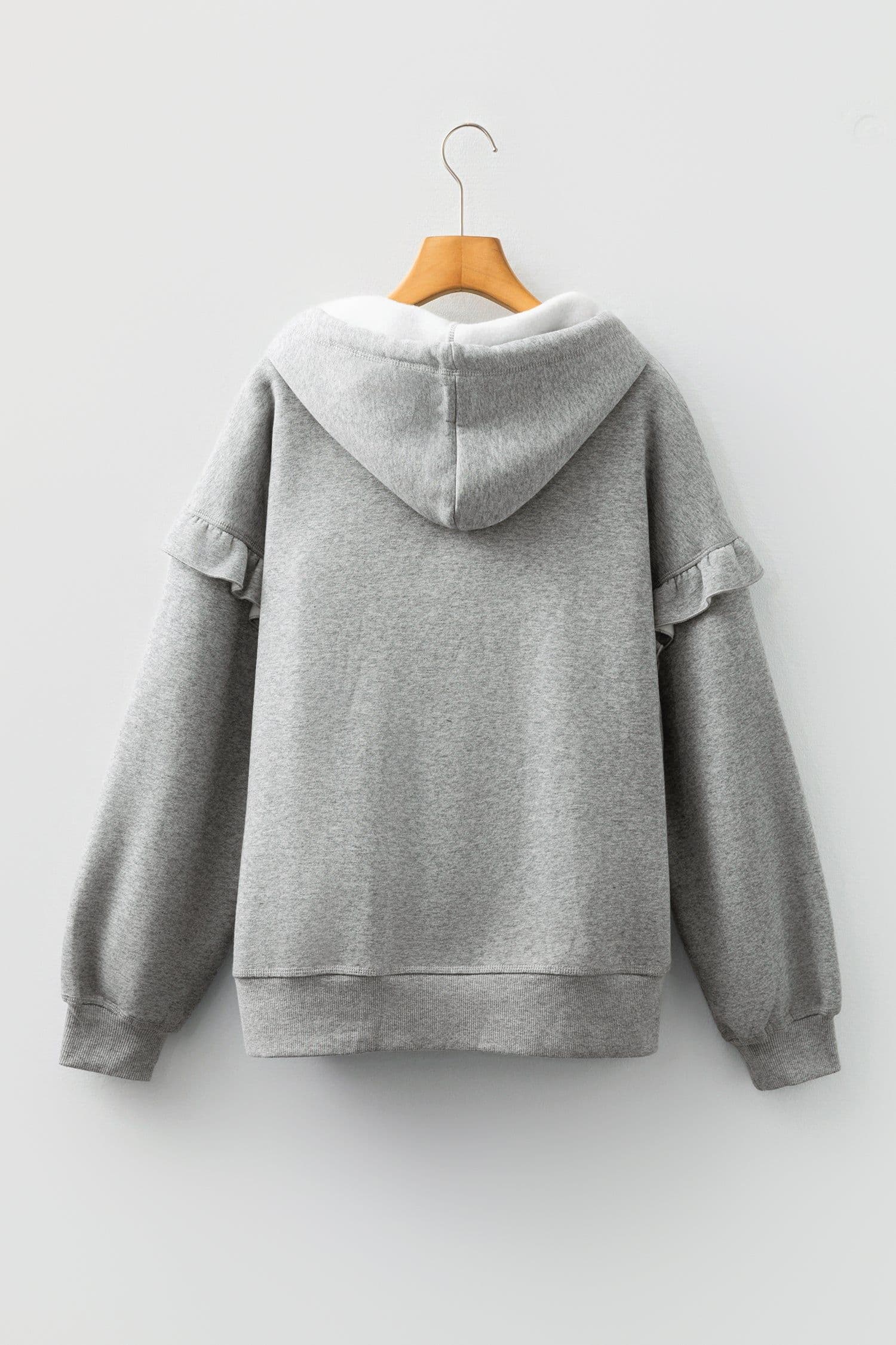 image-Gray Contrast Rope Drawstring Ruffle Trim Hoodie
