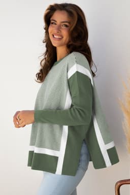 image-Green Stripe Color Block Patchwork Dolman Oversize Tunic Sweater