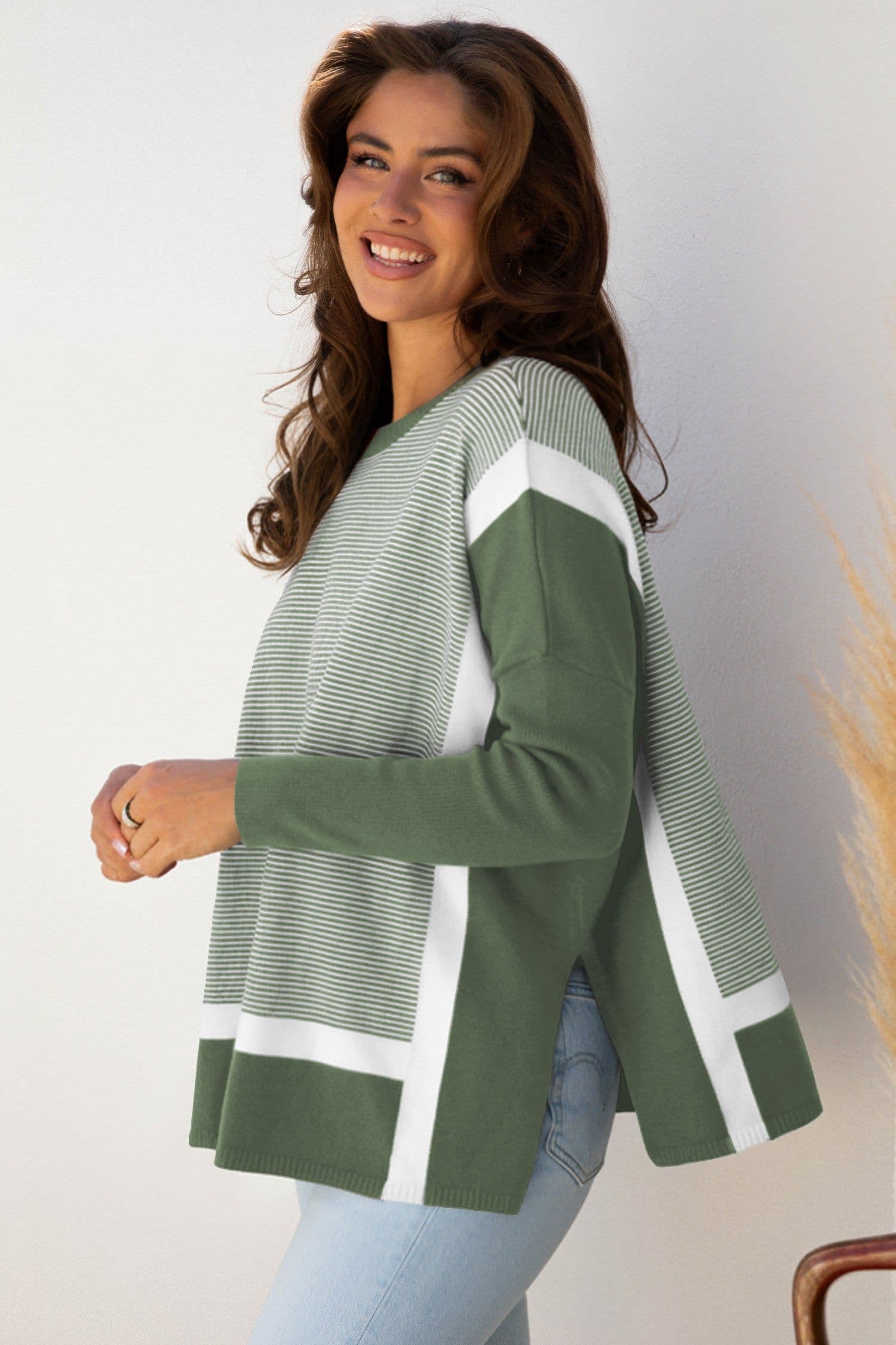 image-Green Stripe Color Block Patchwork Dolman Oversize Tunic Sweater