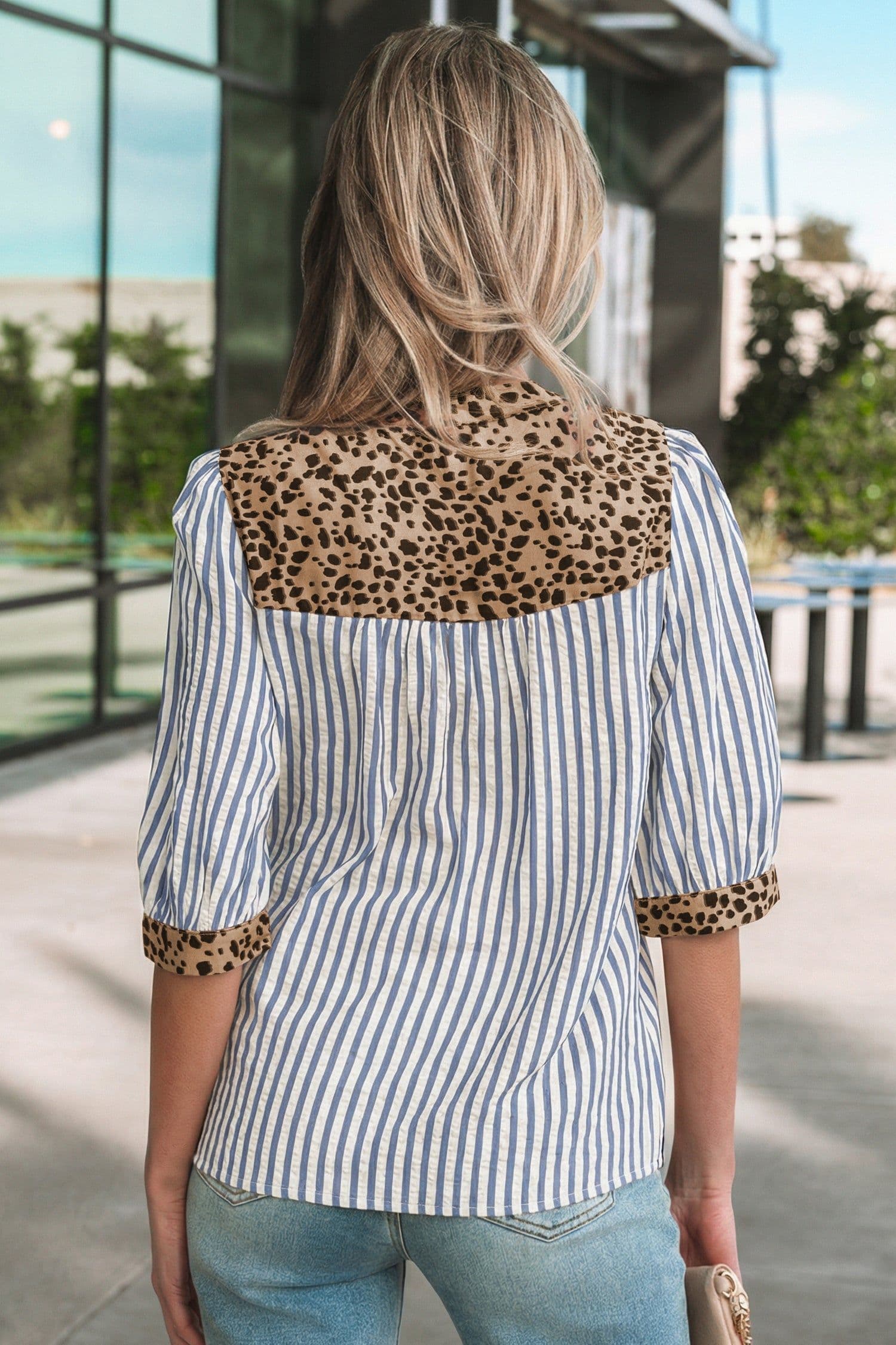 image-Sky Blue Stripe Shirt - Leopard Trim V Neck