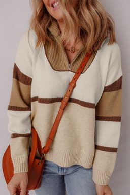 image-Parchment Colorblock Zipped Collared Pullover Sweater