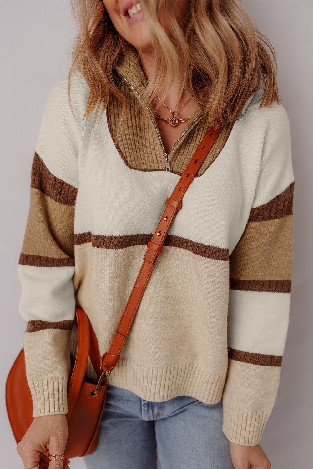 image-Parchment Colorblock Zipped Collared Pullover Sweater