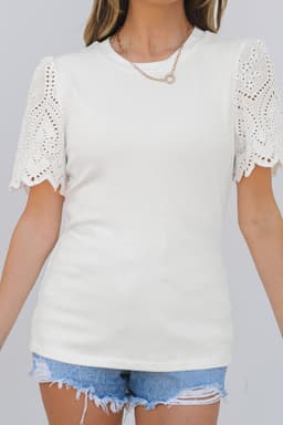 image-White Eyelet Pattern Short Sleeve Patchwork Ribbed Top