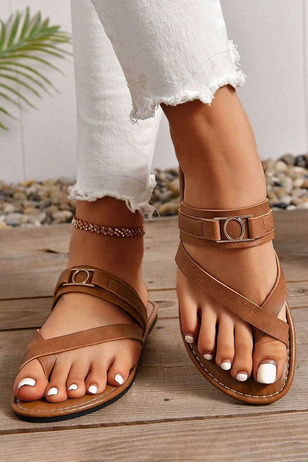 image-Chestnut Cross Toe Leather Flat Slippers with Metal Buckle