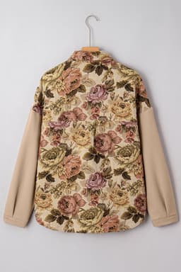 image-Khaki Floral Waffle Knit Patchwork Buttoned Jacket