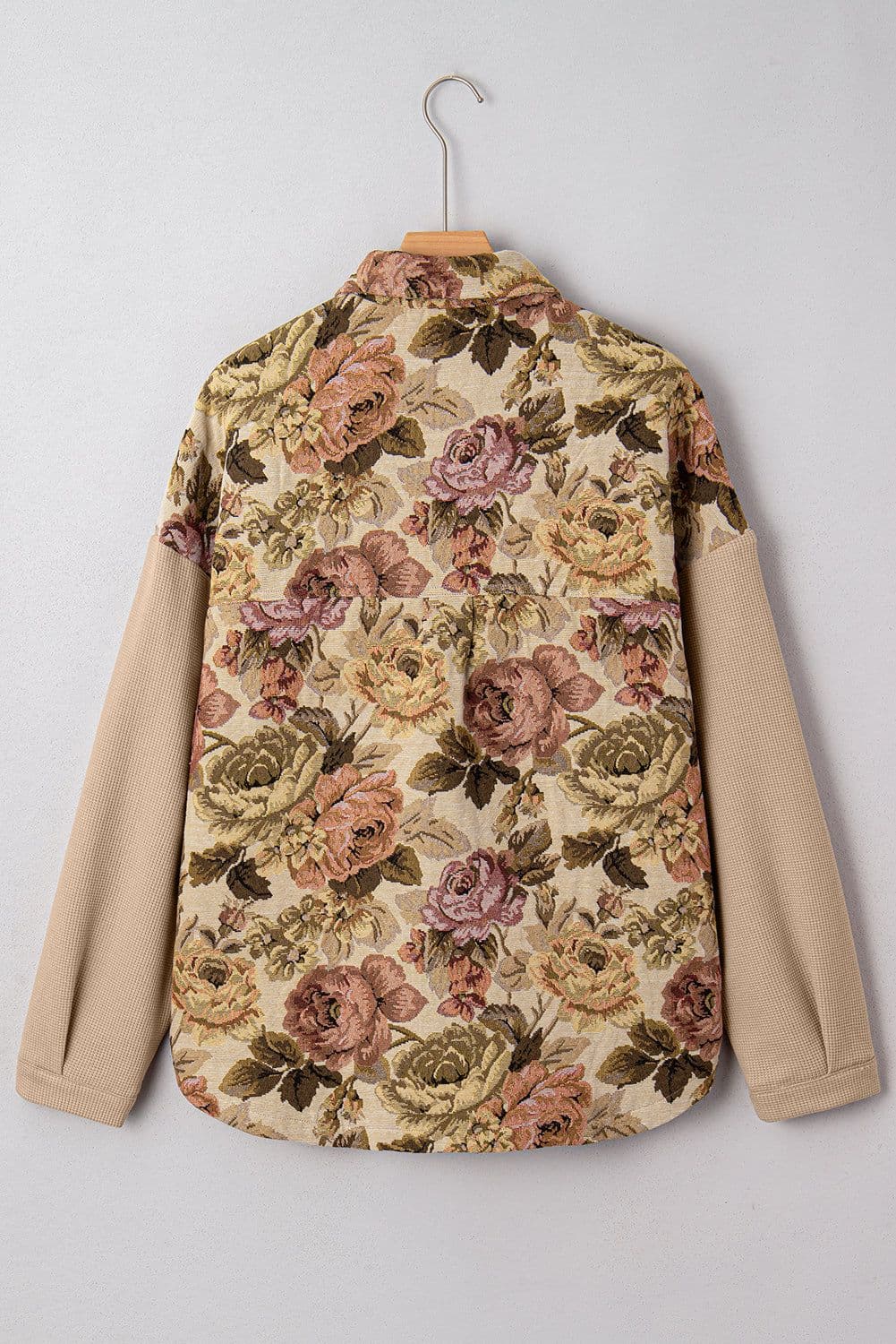 image-Khaki Floral Waffle Knit Patchwork Buttoned Jacket