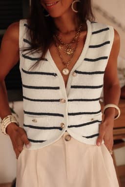 image-Black Stripe Buttoned V Neck Slim Fit Sweater Vest